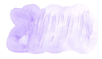 Lilac pastel watercolor hand-drawn isolated wash stain on white background for text, design. Abstract texture made by brush for wallpaper, label.