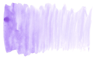 Lilac pastel watercolor hand-drawn isolated wash stain on white background for text, design. Abstract texture made by brush for wallpaper, label.