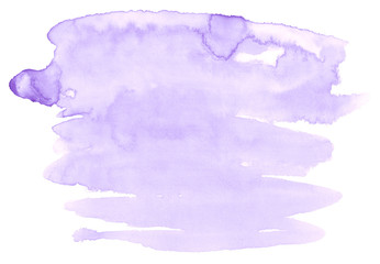 Obraz premium Lilac pastel watercolor hand-drawn isolated wash stain on white background for text, design. Abstract texture made by brush for wallpaper, label.