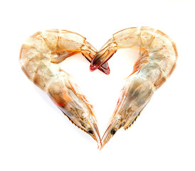 Fresh shrimps prawns in shape of heart  isolated on white blackground