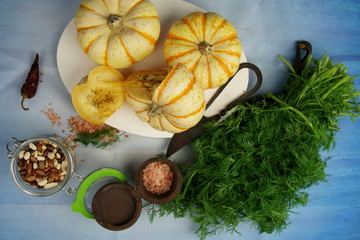 Vegetables of pumpkins, mixed beans, himalayan salt and dill leaves