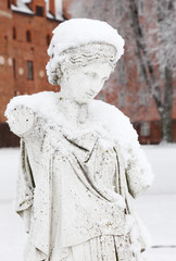 The snow covered statue of Hebe by Johan Niclas Bystrom (1783-1848) located at the Gripsholm castle in the Swedish province of Sodermanland.