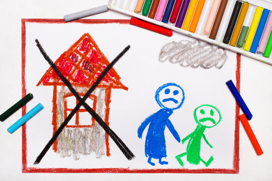 Colorful drawing: Two sad people leave their home. The problem of homelessness, eviction or moving out.
