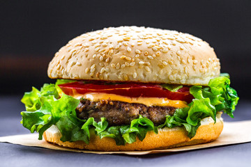 Delicious fresh homemade burger on a dark background. Fast and bad food