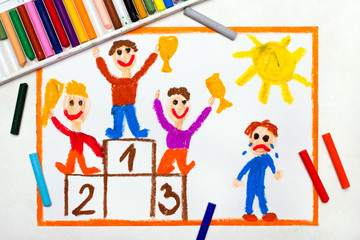 Colorful drawing: happy children standing on the winner podium and one boy crying because he lost