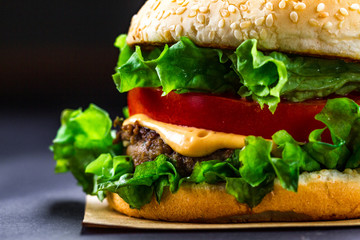 Delicious fresh homemade burger on a dark background. Fast and bad food