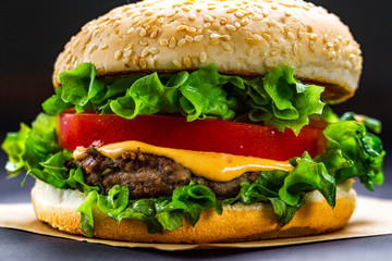 Delicious fresh homemade burger on a dark background. Fast and bad food
