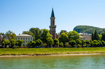 Obraz premium Protestant parish Salzburg Christ Church and Salzburg city and Salzbach river view, Salzburg, Austria.
