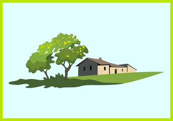 Rural landscape with house and tree in frame. Concept country house vector illustration.