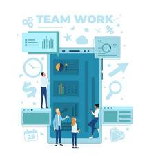 The team is working on a business project. The working process. Analytics, information gathering, teamwork. Smartphone and business team isolated on white background. Vector illustration.