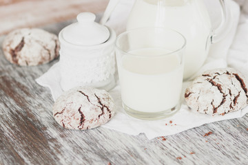 Handmade chocolate cookies, glass and jug with milk, blurred background