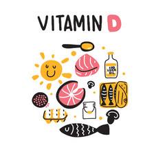 Vitamin D sources. Hand drawn circle illustration of different food rich of vitamin d. Vector.
