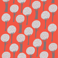 Abstract tree seamless pattern. Grey trees on red background.