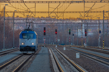 Blue electric train in Holesovice station in capital Prague