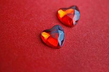 two red hearts on a red background gift for valentines day and holiday love