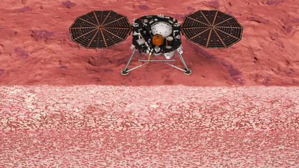 InSight su Marte, missione spaziale per l'esplorazione del pianeta. Spaccato del terreno marziano. Il lander è atterrato sulla superficie di Marte, nella regione vulcanica di Elysium Planitia. Nasa © Naeblys