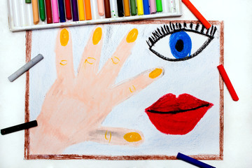 Colorful drawing: Human body parts, hand, eye and mouth