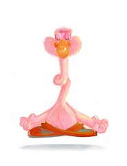 Flamingo rosa haciendo yoga, dibujo en caricatura..