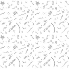 Seamless background with different types of bacterias on white background. Simple black outline bacterias pattern for your design. Vector illustration