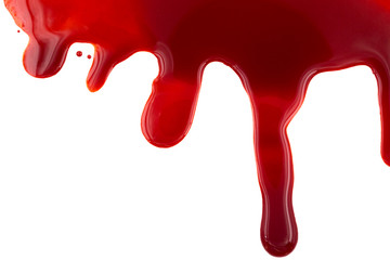 Dripping blood isolated on white background. Flowing red blood splashes, drops and trail.