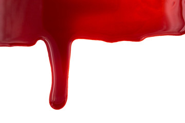 Dripping blood isolated on white background. Flowing red blood splashes, drops and trail.