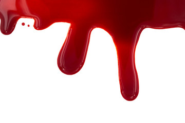 Dripping blood isolated on white background. Flowing red blood splashes, drops and trail.