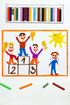 Colorful drawing: happy children standing on the winner podium and one boy crying because he lost