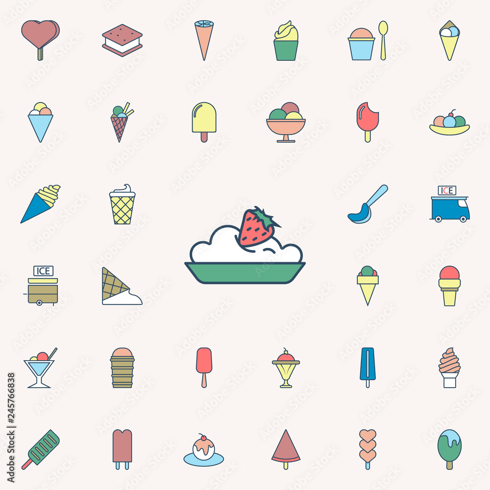 Poster ice cream with strawberries in plate colored dusk style icon. ice cream icons universal set for web 