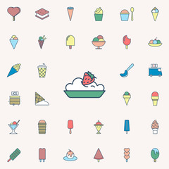 ice cream with strawberries in plate colored dusk style icon. Ice cream icons universal set for web and mobile