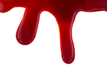Dripping blood isolated on white background. Flowing red blood splashes, drops and trail.