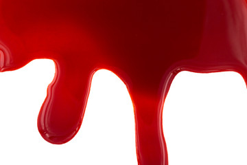 Dripping blood isolated on white background. Flowing red blood splashes, drops and trail.