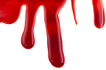 Dripping blood isolated on white background. Flowing red blood splashes, drops and trail.