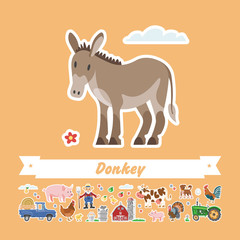  Cartoon donkey vector flat illustration. Funny isolated mule. Farming collection country stickers.