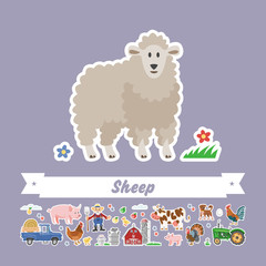 Cartoon sheep vector flat illustration. Funny isolated ewe. Farming collection village stickers.