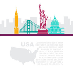 Obraz premium Template leaflets with a map and architectural landmarks of the USA and place for text