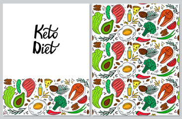 Ketogenic diet vertical banner in hand drawn doodle style. Low carb dieting. Keto seamless pattern.