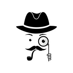 A mustache detective in a hat and with a pipe. Inspector with a monocle in his hands. Sleuth vector icons