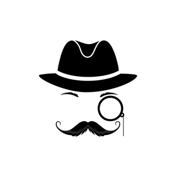A mustache detective in a hat and with a monocle. Gentleman in a bowler cap. Detective vector icon.