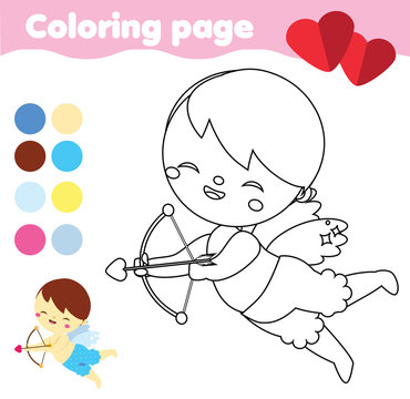 Coloring page with cute Cupid with bow and arrow. Cartoon Valentine angel. St valentine's day drawing game. Printable activity for children, kids and toddlers.