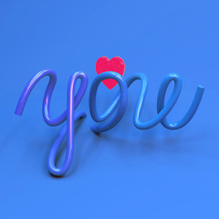 3d rendering of hand lettering word love and illuminated pink heart shape. Greeting card for holidays, couples express emotion. Social media ready made post. Valentines day surprise. Plastic look