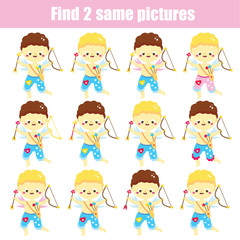 children educational game. Find the same pictures. Find two identical Cupid boys. St Valentines day theme fun for kids and toddlers