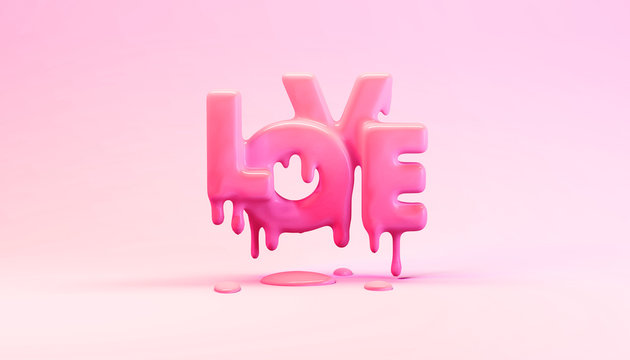 3d rendering illustration of melting word love with drops in bright pink plastic studio. Valentines day funny greeting card. Cute creative emotion concept. Liquid paint imitation.