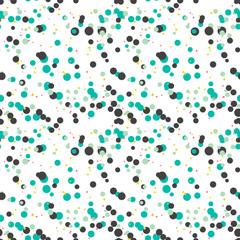 Festive seamless pattern with colorful round paint splatters. Messy overlay circles on white background. Dotted texture. Chaotic grunge dot. Geometric wrapping paper. Vector illustration.