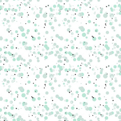 Festive seamless pattern with colorful round paint splatters. Messy overlay circles on white background. Dotted texture. Chaotic grunge dot. Geometric wrapping paper. Vector illustration.