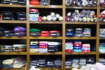 Rolls of fabric and textiles in shop