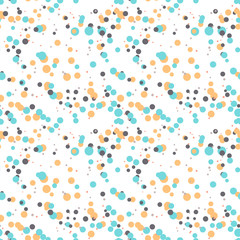Festive seamless pattern with colorful round paint splatters. Messy overlay circles on white background. Dotted texture. Chaotic grunge dot. Geometric wrapping paper. Vector illustration.