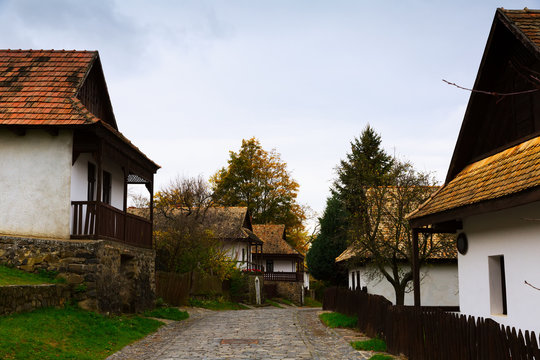 Image of small houses in traditional hungarian village Holloke