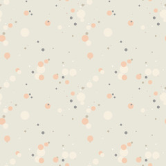 Pastel beige, orange, gray seamless pattern with messy circles. Random overlay circles on white background. Dotted texture. Chaotic grunge dot. Geometric wrapping paper. Vector illustration.