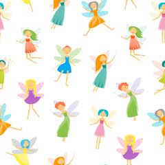 Cartoon Characters Fairies Seamless Pattern Background. Vector