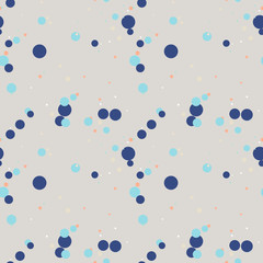 Messy blue, orange, white circles on gray background. Round seamless pattern, overlay circles. Dotted texture. Chaotic grunge dot. Geometric wrapping paper. Vector illustration.